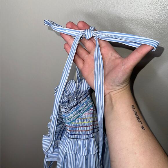 Tuckernuck Rainbow Smocked Blouse XS Multicolor Stripe Cotton Top Tie Straps - Picture 5 of 7